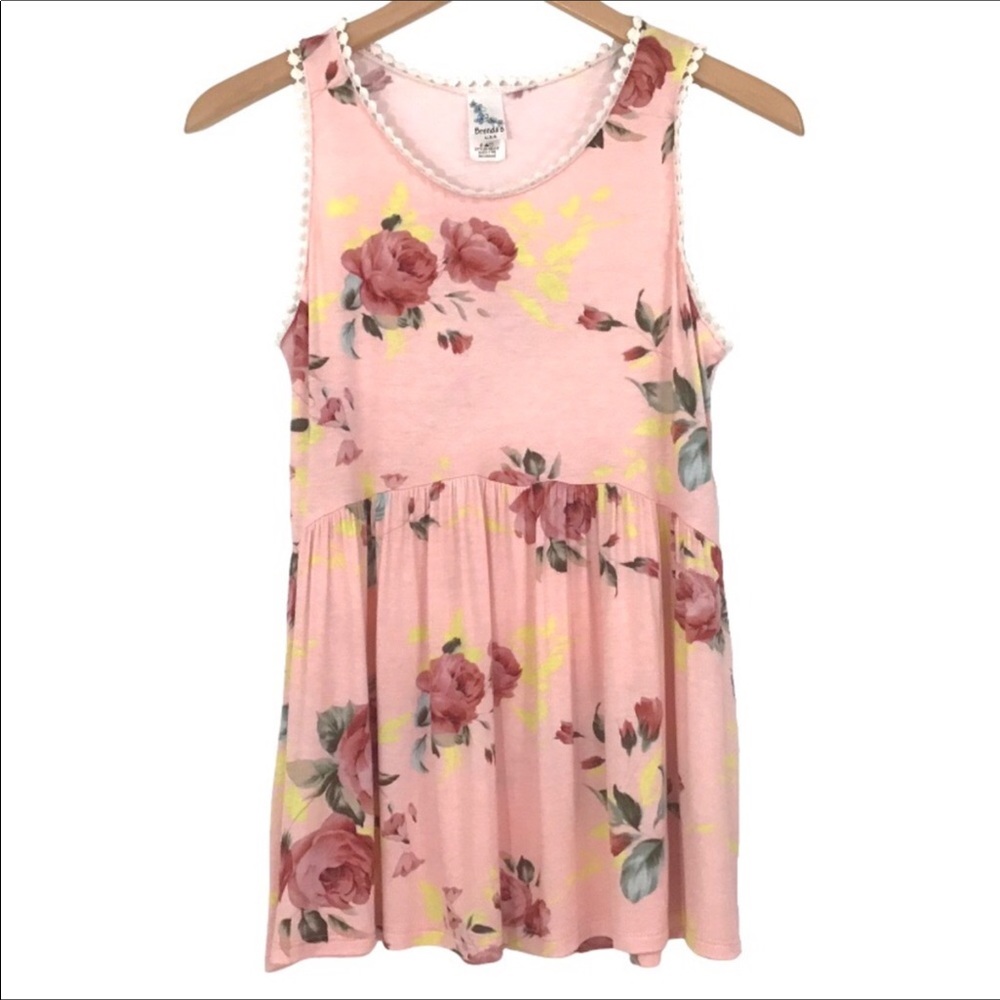 Brendas Floral Babydoll Sleeveless Tank Top Size S Pom Pom Trim Made In USA